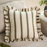 Connie Square Striped Ruffle Cushion Moss Feather Filled MLH