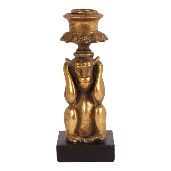 Antique Gold Candlestick Monkey hear no evil resin 15 cm