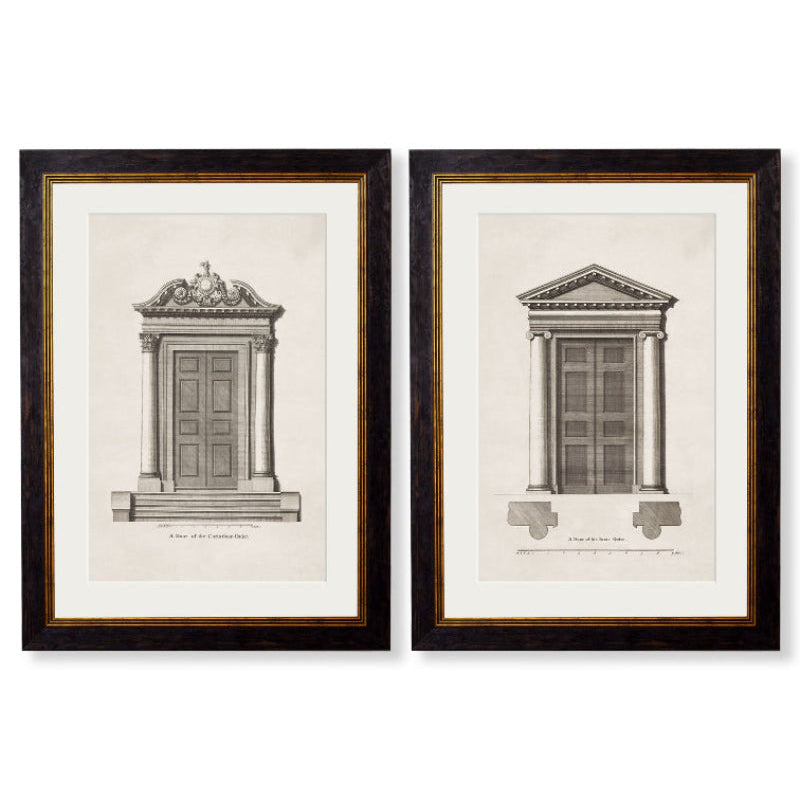 Two framed architectural prints of classical doorways on a white background