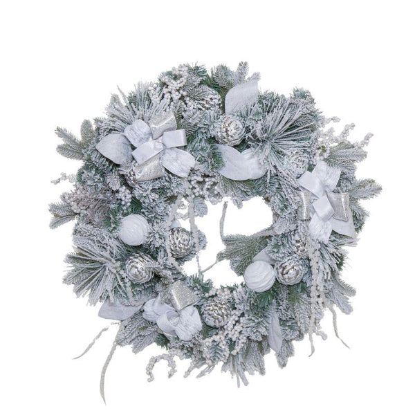 Deluxe Snowy White Wreath with Bow – Holiday Accent
