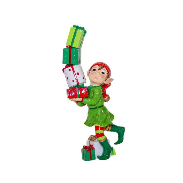 Elf with Present Stack – Holiday Figurine