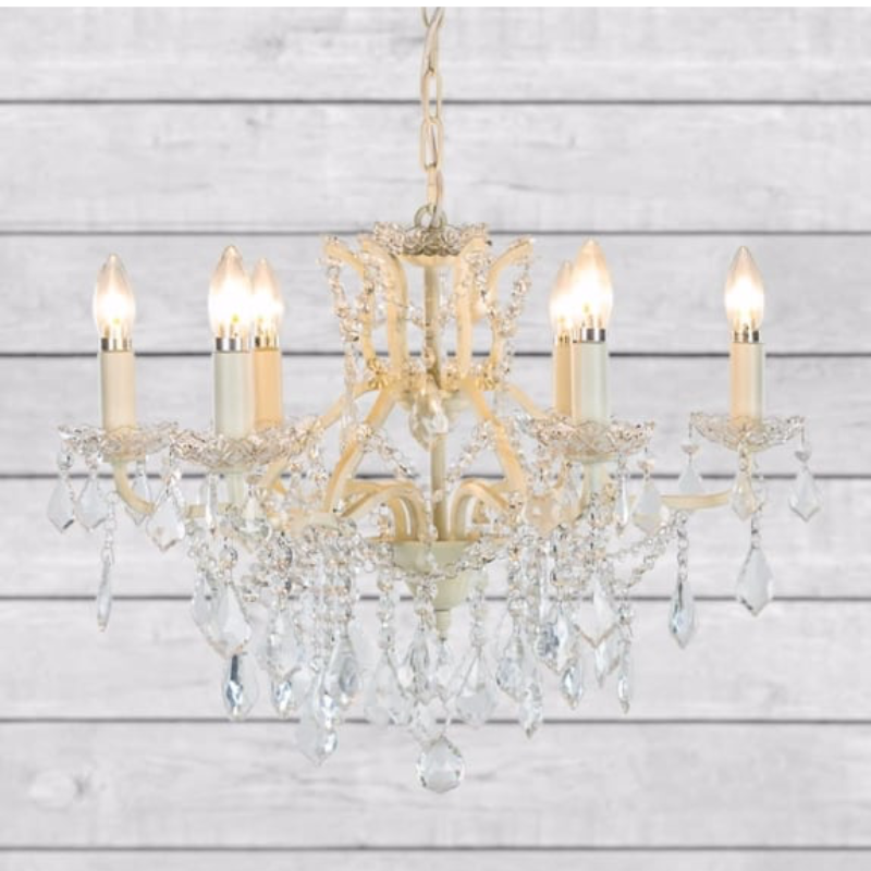 Antique Crackle White 6 Branch Shallow Chandelier