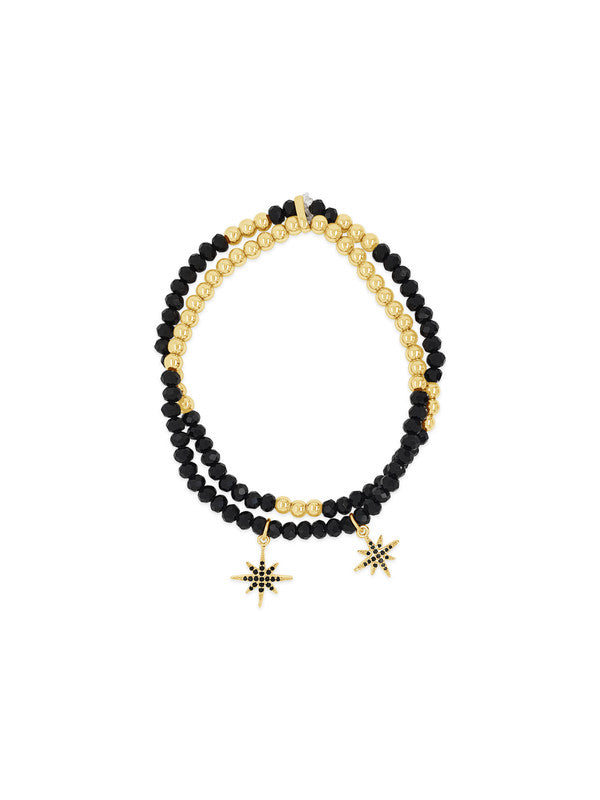 Absolute Jewellery Yellow Gold Plated Black Bead Double Elasticated Bracelet Set