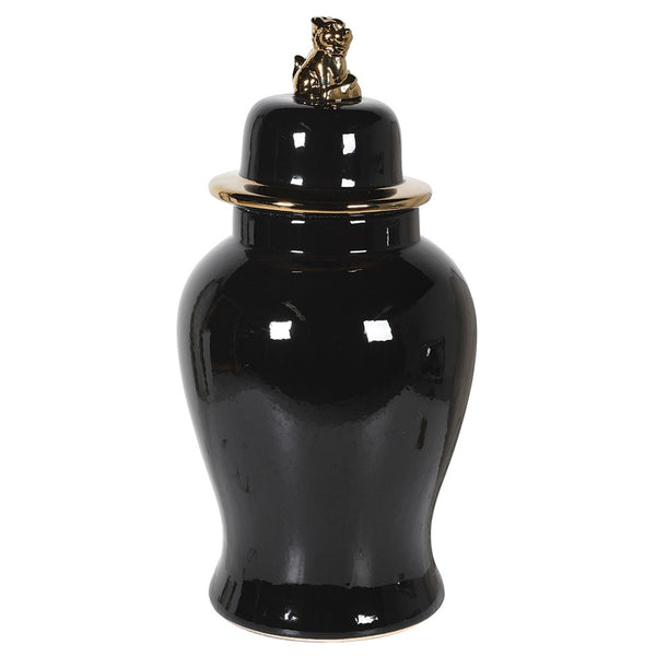 Medium Black Glossy Ceramic jar with Gold Lion Knob and Rim - Meadow Lane Ardee