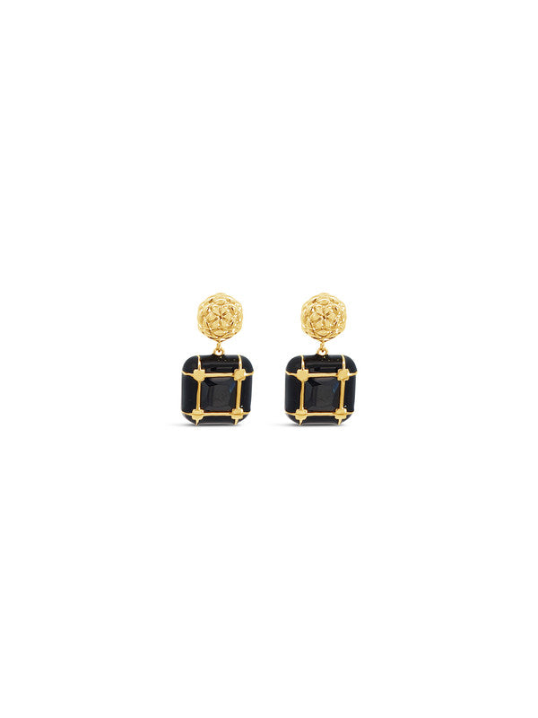 Absolute Jewellery Yellow Gold Plated Black Baguette CZ Halo Drop Earrings