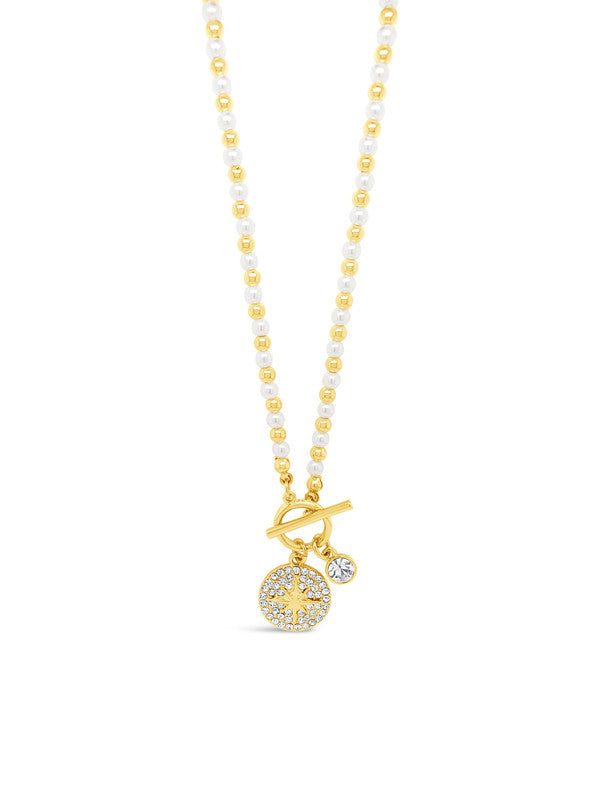 Absolute Jewellery Yellow Gold & Pearl T-Bar Chain With CZ Northstar Pendant