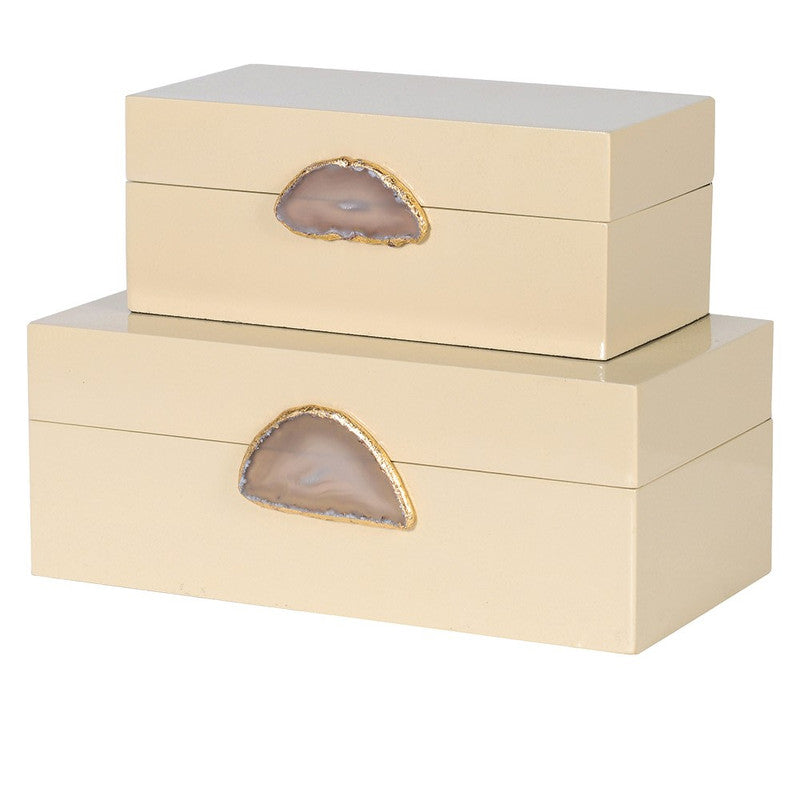 Set of 2 Cream Boxes with Agate for Decorative Storage