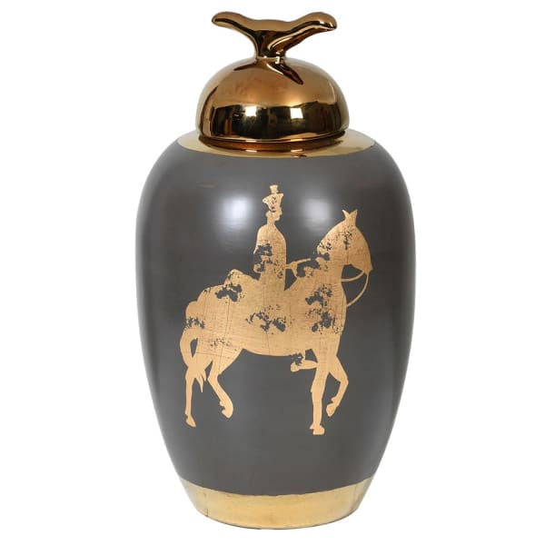 Grey Vase with Gold Horse Decoration - Meadow Lane Ardee
