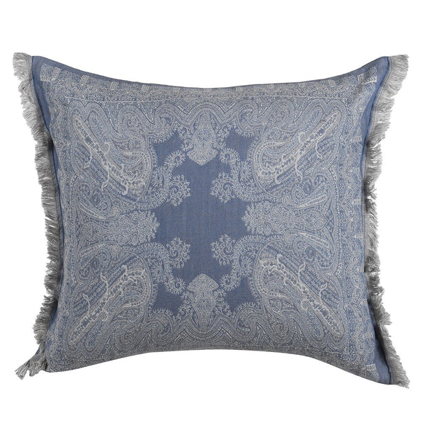 Large Blue and Silver Paisley Wool Edged Cushion Cover - Meadow Lane Ardee