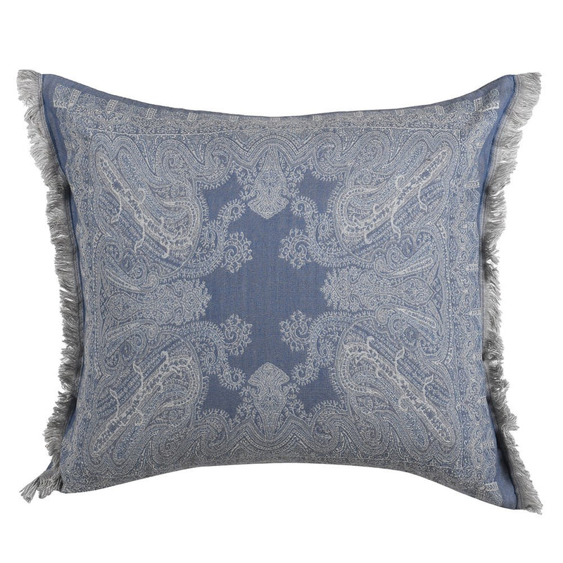 Large Blue and Silver Paisley Wool Edged Cushion Cover - Meadow Lane Ardee